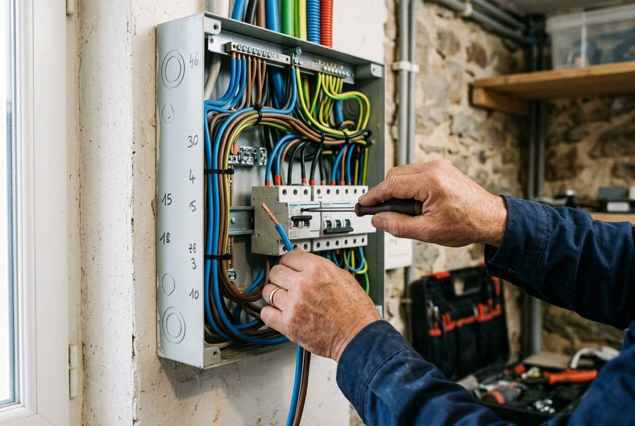 Électricien câblant un tableau électrique