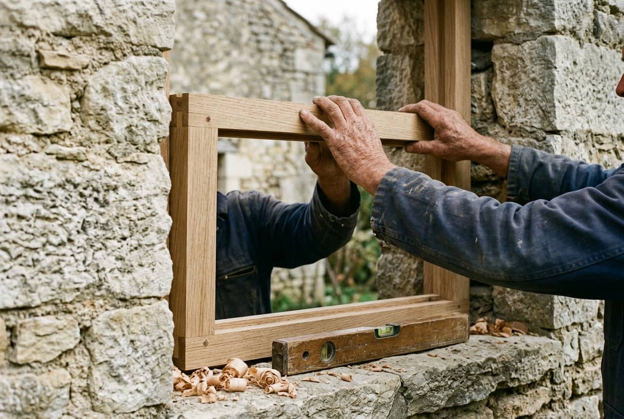 Menuisier posant un châssis de fenêtre en bois dans un mur de pierre